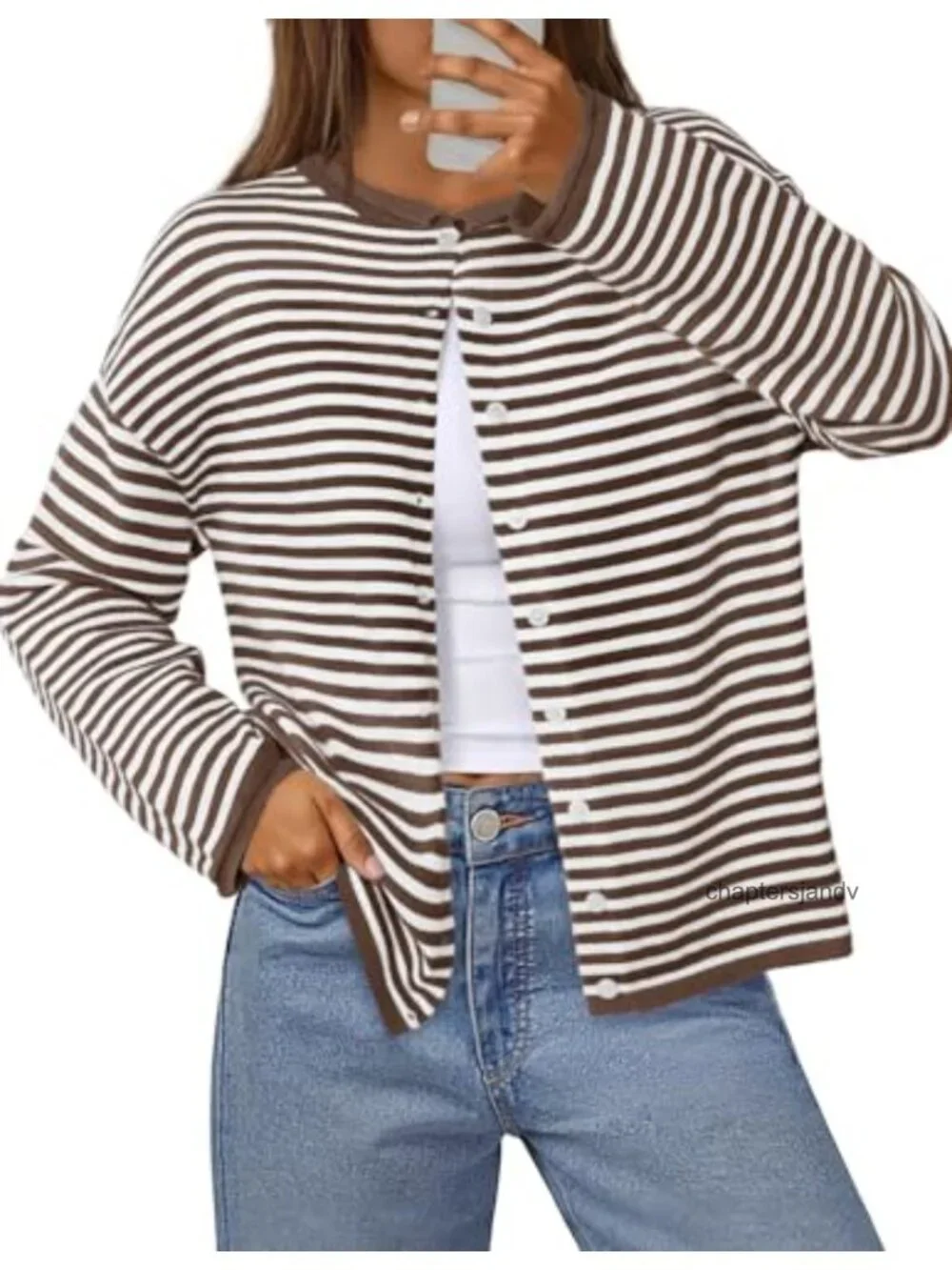 Striped Button Down Cardigan Rolled Collar Drop Shoulder Lightweight